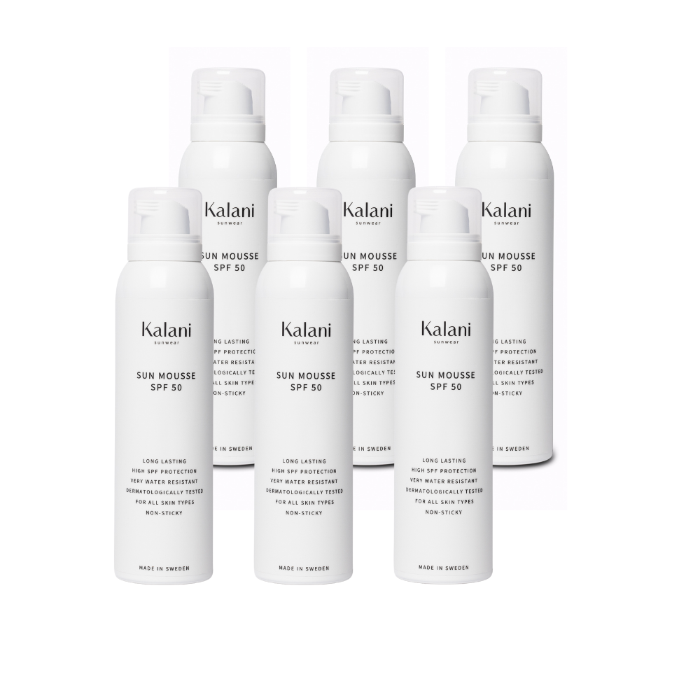 Sex flaskor Kalani sunwear Sun Mousse SPF 50, 150 ml per flaska