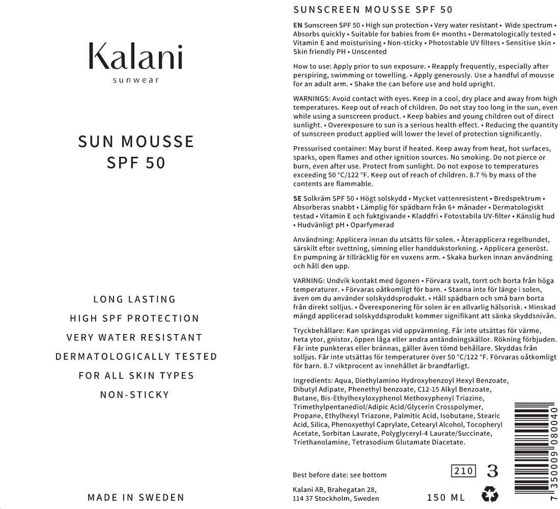Etikett för Kalani sunwear Sun Mousse SPF 50 med ingredienser, användning och varningar